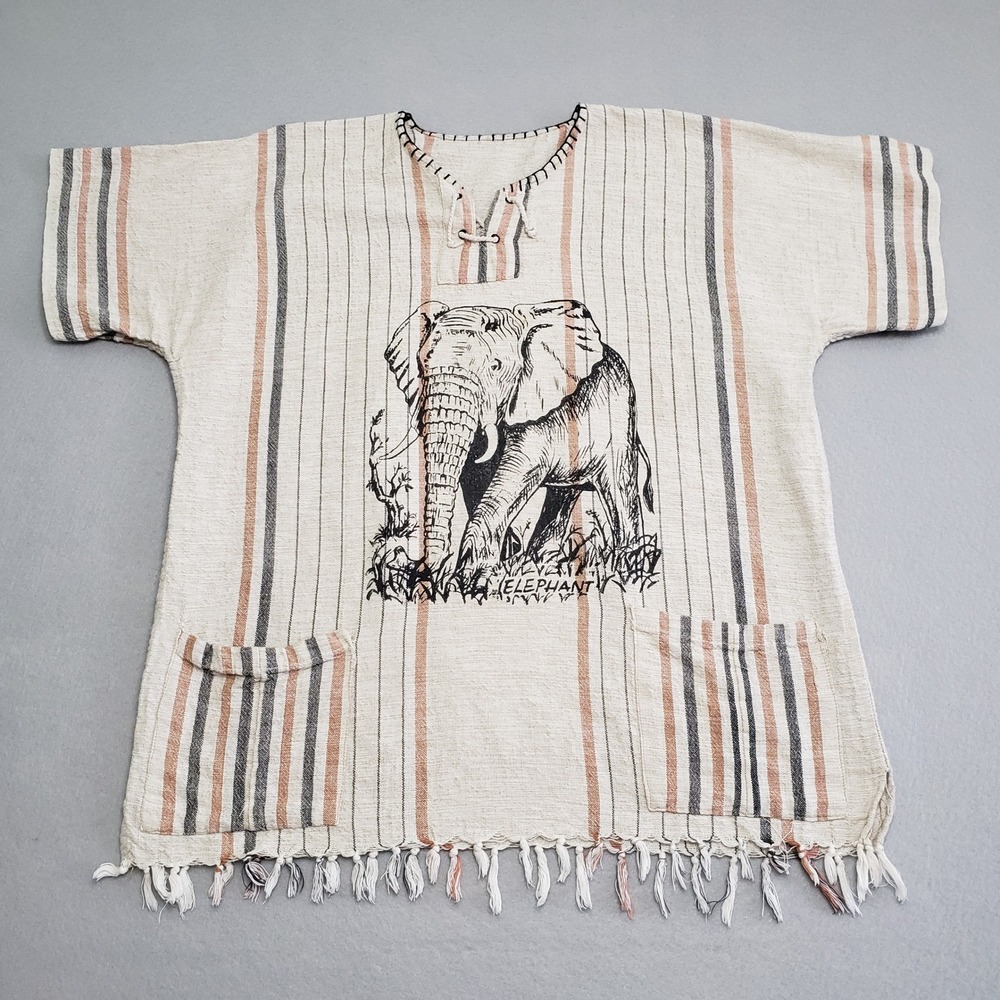 Womens OSFM Tunic Top Beige Stripe Elephant Fringe Boho Tassel 70s 80s Oversized